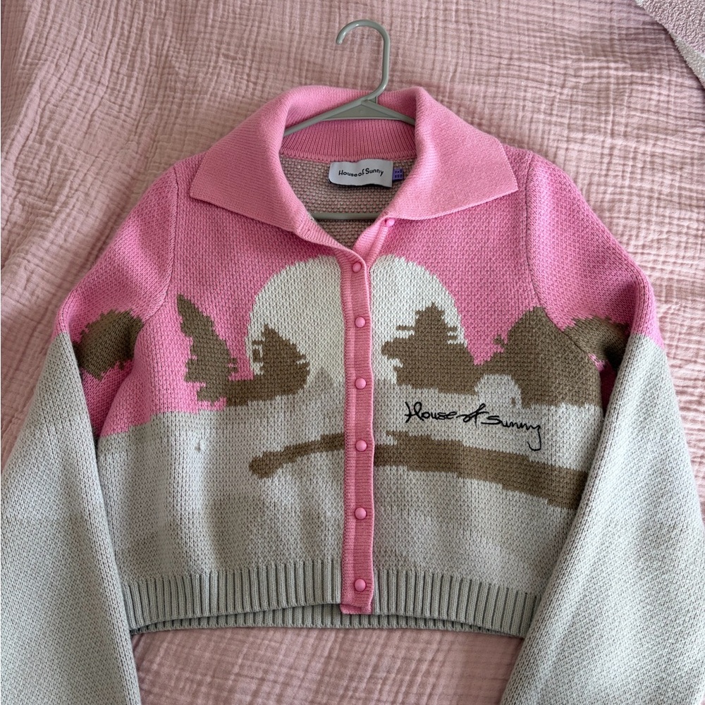 House of Sunny Pink, Cream & Brown Collared Button-Up Knit Cardigan